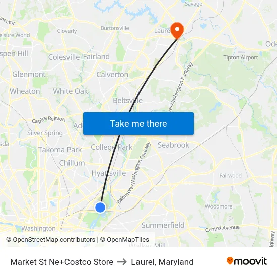 Market St Ne+Costco Store to Laurel, Maryland map