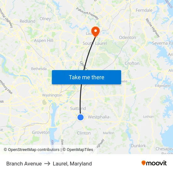 Branch Avenue to Laurel, Maryland map