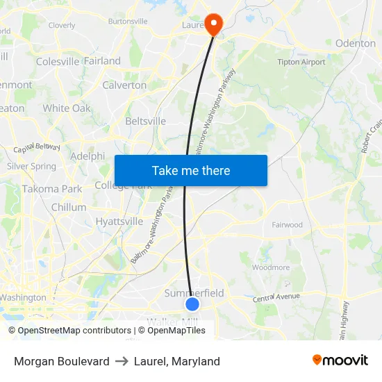 Morgan Boulevard to Laurel, Maryland map