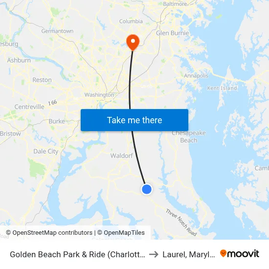 Golden Beach Park & Ride (Charlotte Hall) to Laurel, Maryland map