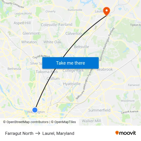 Farragut North to Laurel, Maryland map