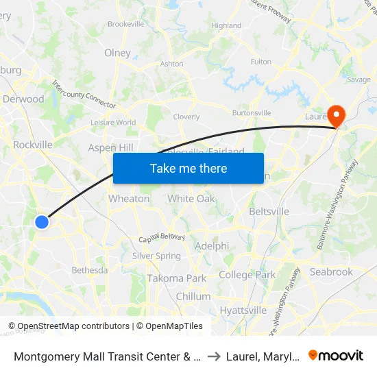 Montgomery Mall Transit Center & Bay B to Laurel, Maryland map