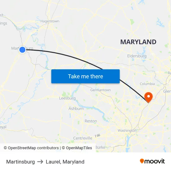 Martinsburg to Laurel, Maryland map