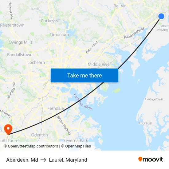 Aberdeen, Md to Laurel, Maryland map