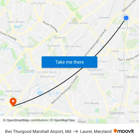 Bwi Thurgood Marshall  Airport, Md to Laurel, Maryland map