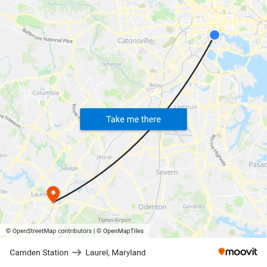 Camden Station to Laurel, Maryland map