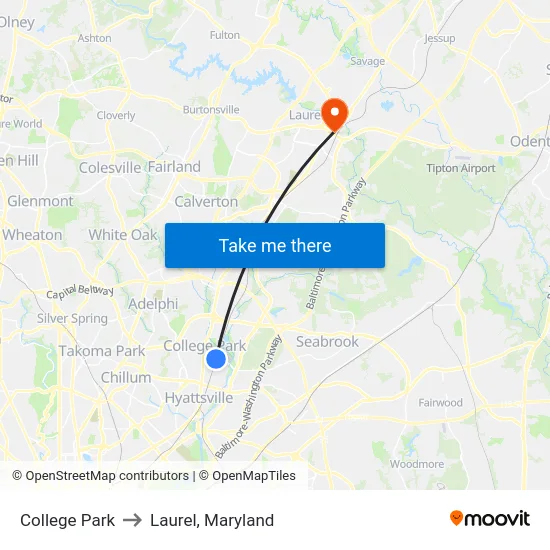 College Park to Laurel, Maryland map