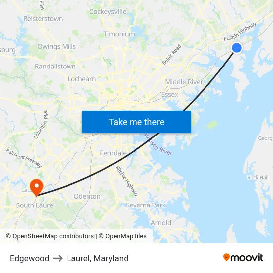 Edgewood to Laurel, Maryland map
