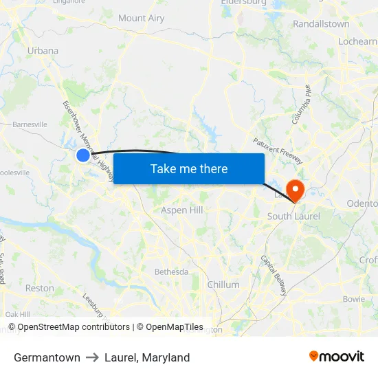Germantown to Laurel, Maryland map