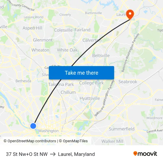 37 St Nw+O St NW to Laurel, Maryland map