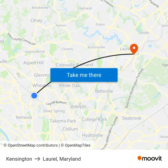 Kensington to Laurel, Maryland map