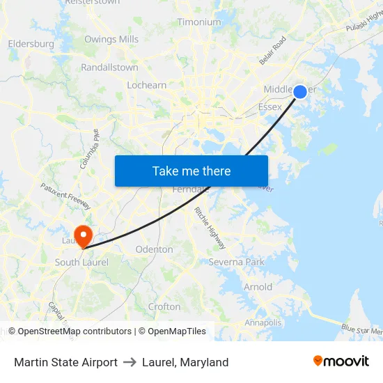 Martin State Airport to Laurel, Maryland map