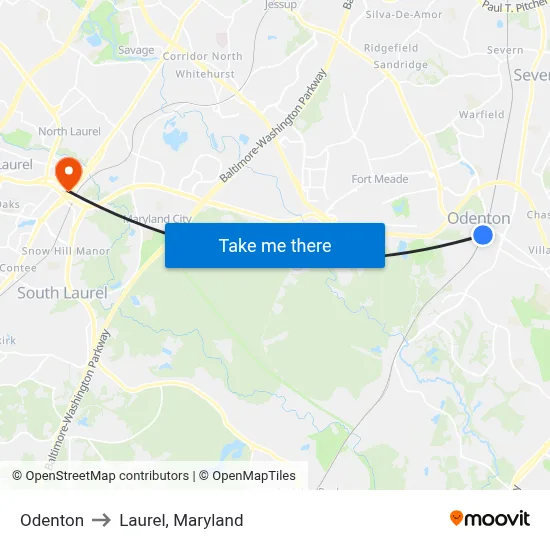 Odenton to Laurel, Maryland map
