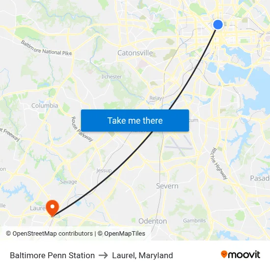 Baltimore Penn Station to Laurel, Maryland map
