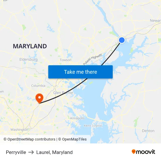 Perryville to Laurel, Maryland map