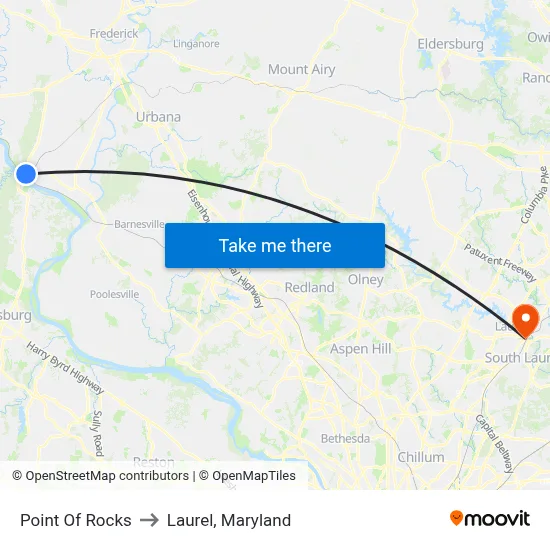 Point Of Rocks to Laurel, Maryland map