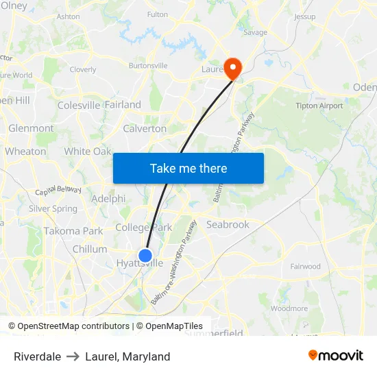 Riverdale to Laurel, Maryland map