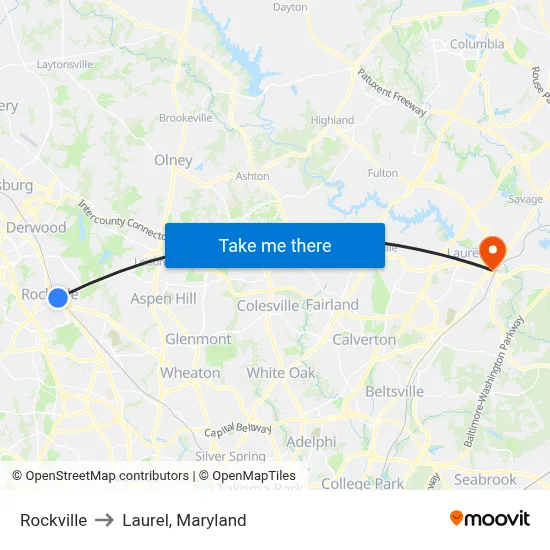 Rockville to Laurel, Maryland map