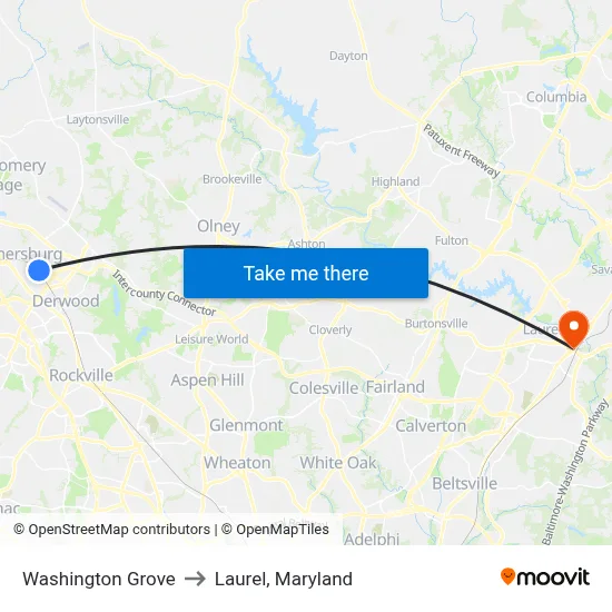 Washington Grove to Laurel, Maryland map