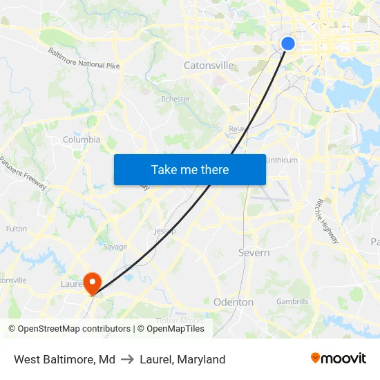 West Baltimore, Md to Laurel, Maryland map