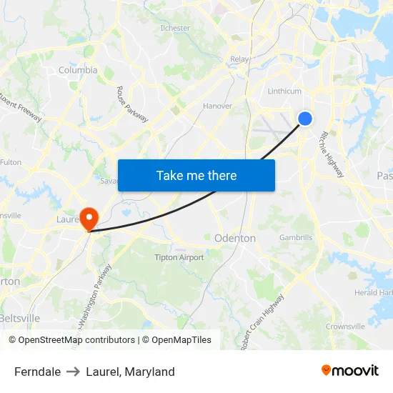 Ferndale to Laurel, Maryland map