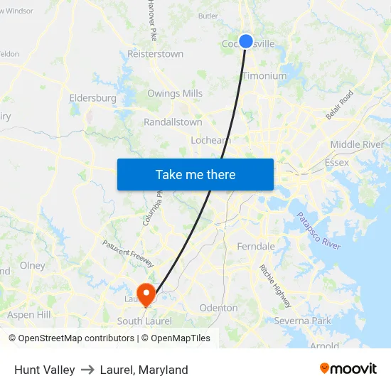 Hunt Valley to Laurel, Maryland map
