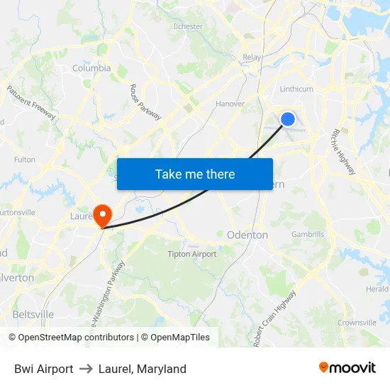 Bwi Airport to Laurel, Maryland map