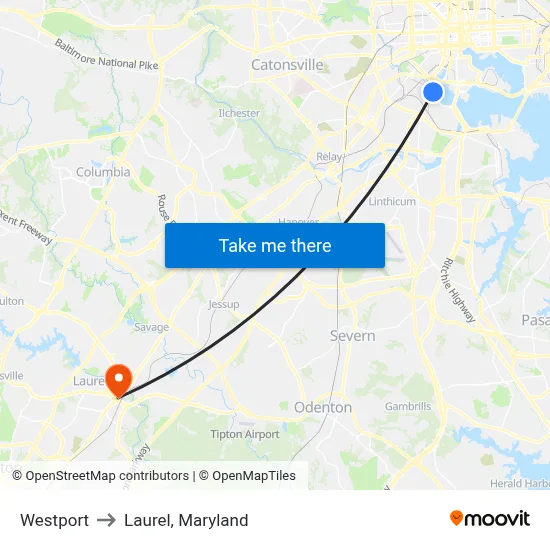 Westport to Laurel, Maryland map