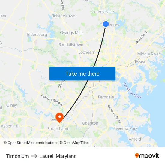 Timonium to Laurel, Maryland map