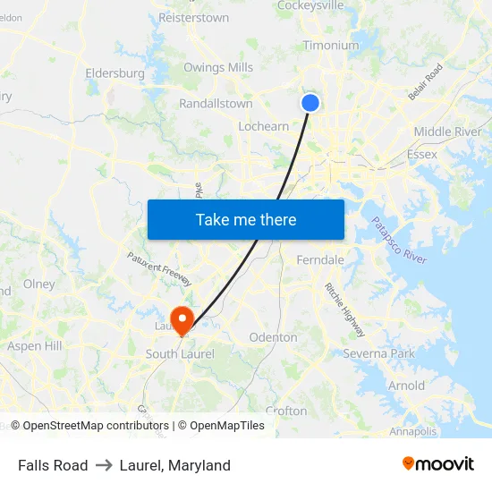 Falls Road to Laurel, Maryland map