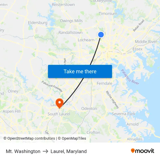 Mt. Washington to Laurel, Maryland map