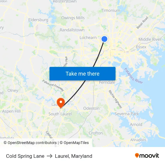 Cold Spring Lane to Laurel, Maryland map