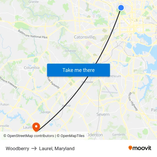 Woodberry to Laurel, Maryland map