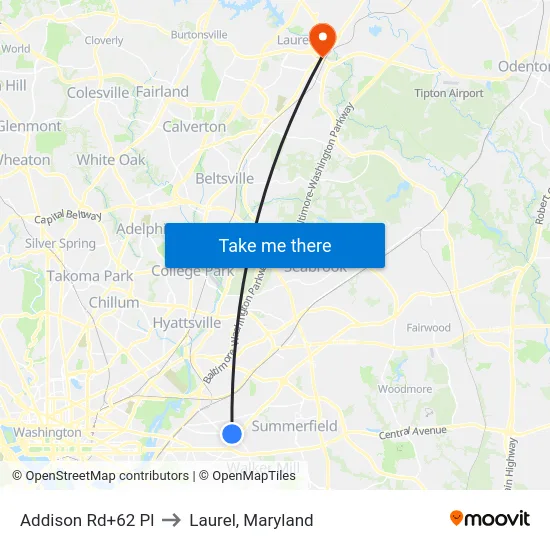 Addison Rd+62 Pl to Laurel, Maryland map