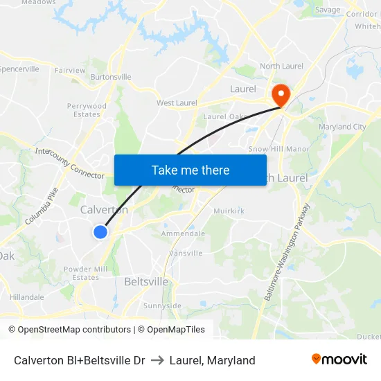 Calverton Bl+Beltsville Dr to Laurel, Maryland map