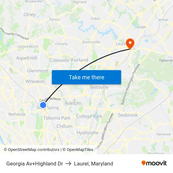 Georgia Av+Highland Dr to Laurel, Maryland map