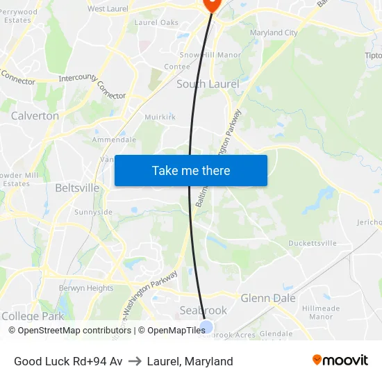 Good Luck Rd+94 Av to Laurel, Maryland map