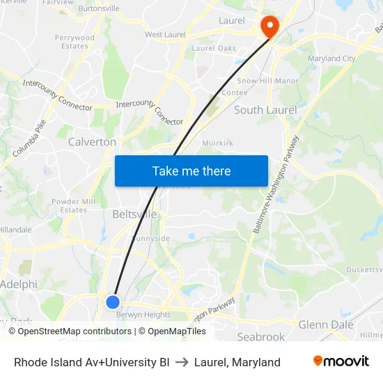 Rhode Island Av+University Bl to Laurel, Maryland map