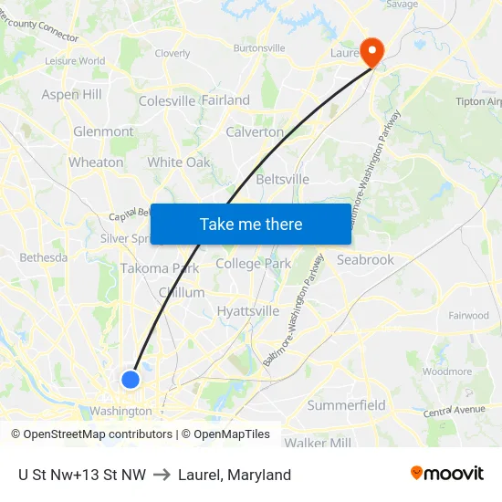 U St Nw+13 St NW to Laurel, Maryland map