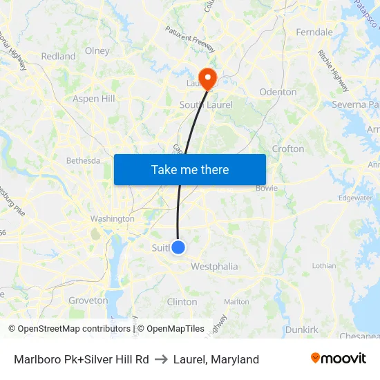 Marlboro Pk+Silver Hill Rd to Laurel, Maryland map