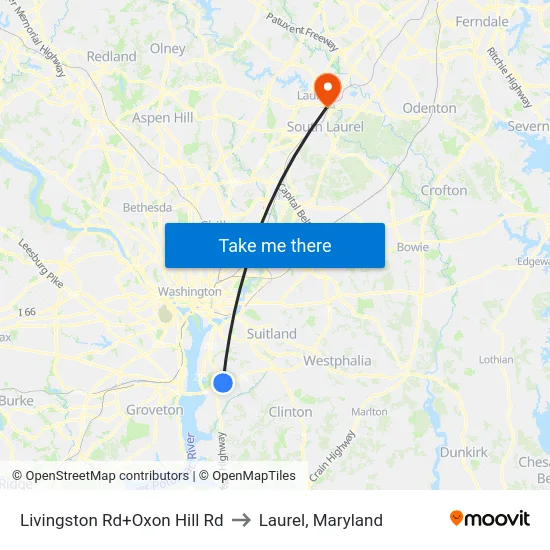 Livingston Rd+Oxon Hill Rd to Laurel, Maryland map