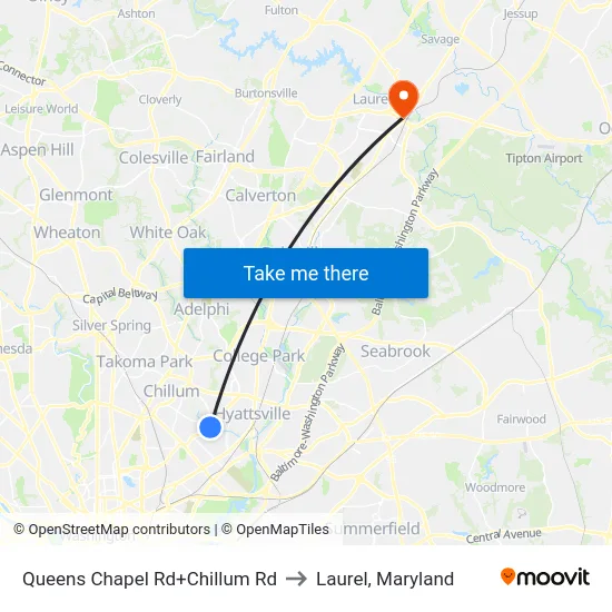 Queens Chapel Rd+Chillum Rd to Laurel, Maryland map
