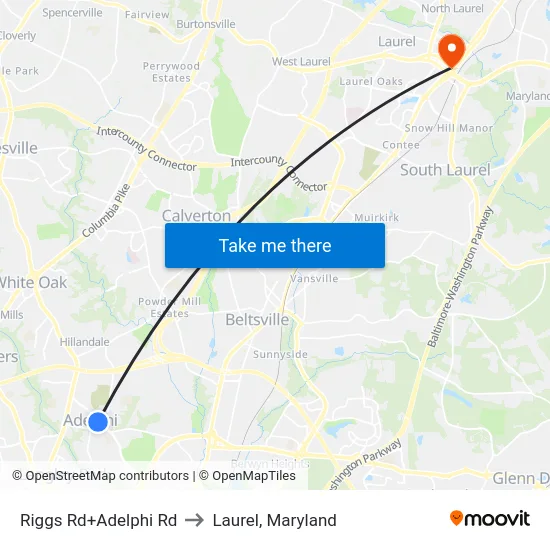 Riggs Rd+Adelphi Rd to Laurel, Maryland map