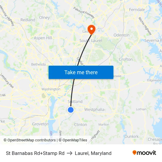St Barnabas Rd+Stamp Rd to Laurel, Maryland map