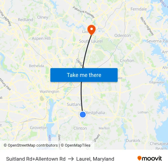 Suitland Rd+Allentown Rd to Laurel, Maryland map