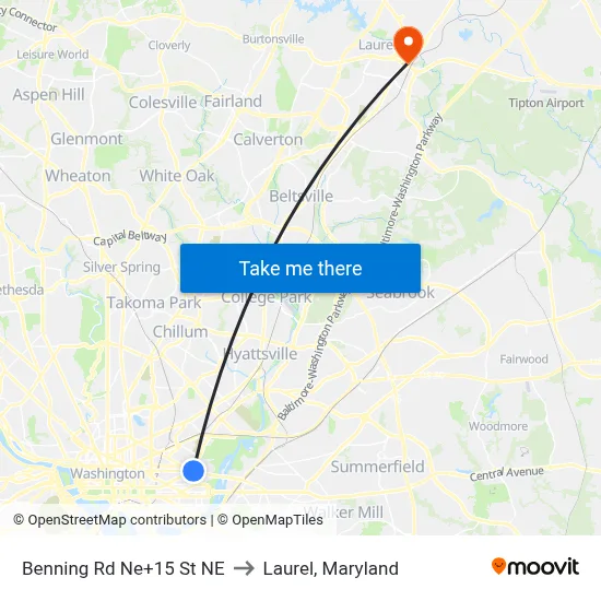 Benning Rd Ne+15 St NE to Laurel, Maryland map