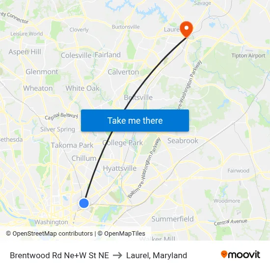 Brentwood Rd Ne+W St NE to Laurel, Maryland map