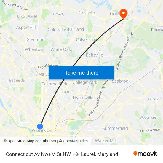 Connecticut Av Nw+M St NW to Laurel, Maryland map