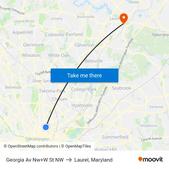 Georgia Av Nw+W St NW to Laurel, Maryland map