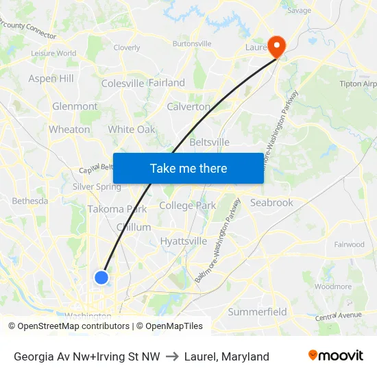 Georgia Av Nw+Irving St NW to Laurel, Maryland map